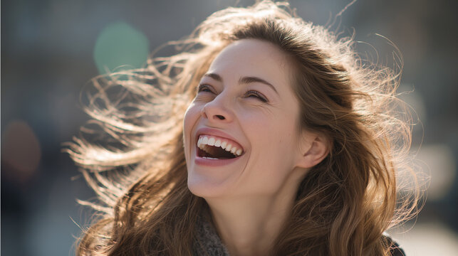 An elegantly crafted scene showing joyful close-up of a radiant blonde woman: gorgeous smile with shimmering skin, defining cheekbones, and expressive eyebrows