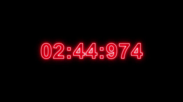 Glowing neon 3 minutes countdown timer animation, three minutes countdown animation on black background, simple 3 minute timer.