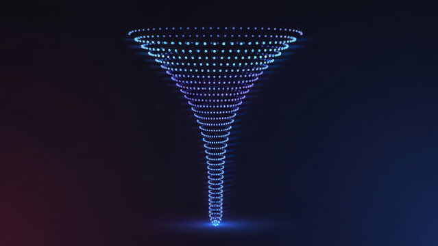 Futuristic digital funnel composed of glowing blue dots in a dark background.