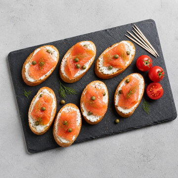Toasted bread with cream cheese and smoked salmon on slate board with cherry tomatoes, appetizer concept