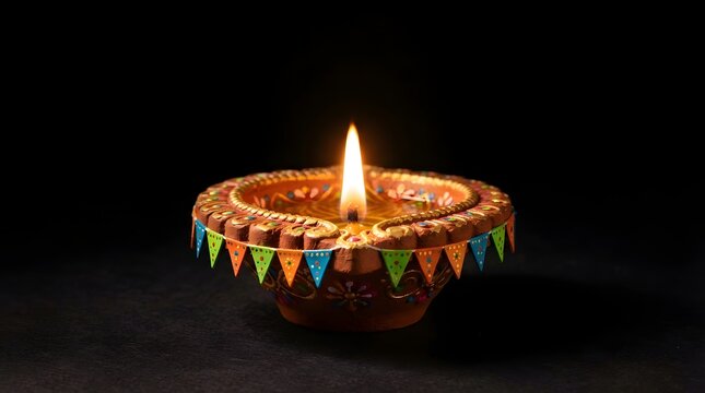 A beautifully decorated traditional clay diya lamp with colorful bunting flags, glowing with a warm flame against a dark background, perfect for diwali festival