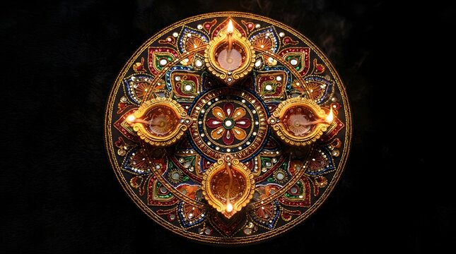 Top view of a decorative circular plate with four lit diya oil lamps and intricate colorful patterns