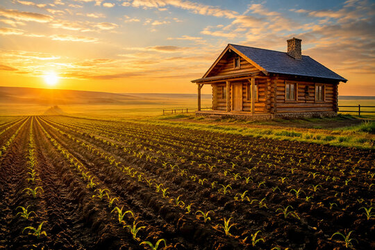 A newly built log cabin on a prairie at dawn with green sprouts in the foreground.