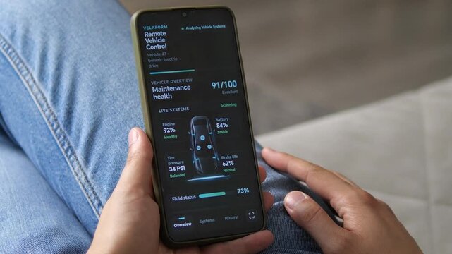 Smartphone dashboard scans electric vehicle systems and predicts upcoming service needs, highlighting connected car diagnostics, preventive maintenance and data-driven mobility.