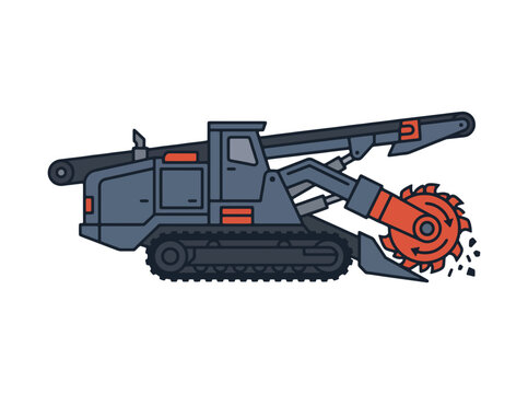 A heavy-duty industrial trencher machine with a rotary cutter - ideal for construction, excavation, and utility work illustrations, engineering diagrams, and industrial vehicle concepts