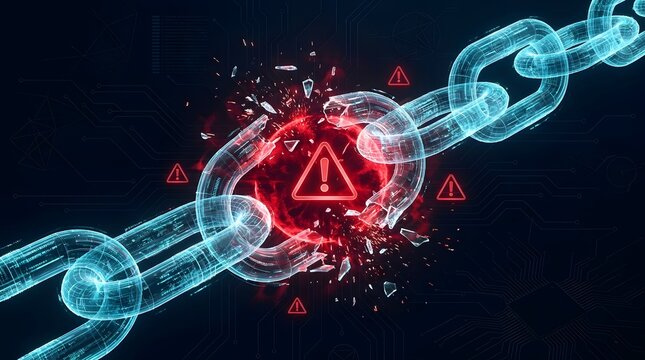 Broken digital chain link with red warning signs and explosion effect