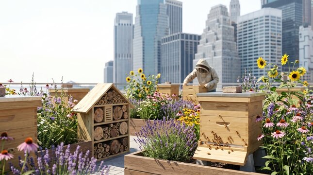 Urban rooftop beehives surrounded by flowering plants, city pollinator habitat, sustainable beekeeping and biodiversity support.