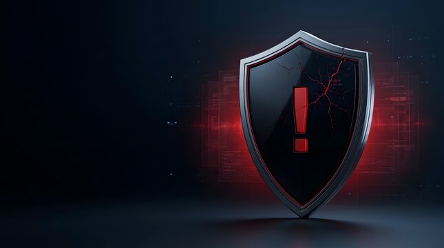Cracked shield with red exclamation mark and digital data background