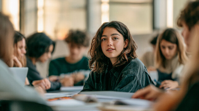 Natural looking female high school or college student sitting in a workgroup with fellow students in a classroom. She is looking into the camera and the others are blurred.