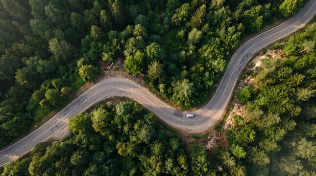 High angle drone view of winding mountain pass road cutting through lush green forest with mountain overhead transport outdoors
