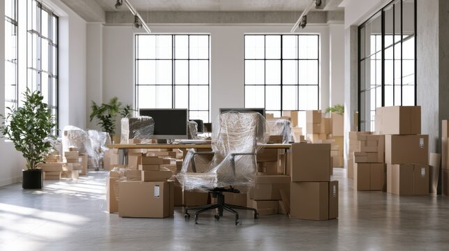 Bright modern office space filled with packed cardboard box and covered furniture during relocation process with natural light from large windows