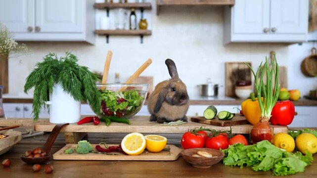 Adorable brown lop eared rabbit curiously sitting on a rustic wooden table surrounded by a variety of fresh organic vegetables, including salad, tomatoes, peppers, and lemons, in a bright kitchen