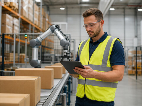 Operatore di magazzino con tablet in centro logistico automatizzato