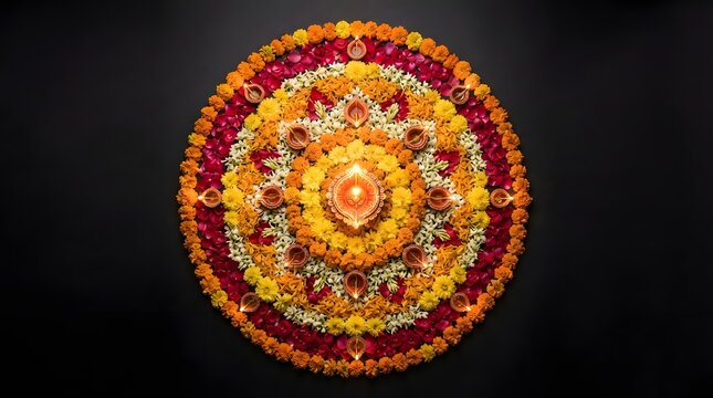 Beautiful floral rangoli design with lit clay diyas for diwali festival celebration on black background