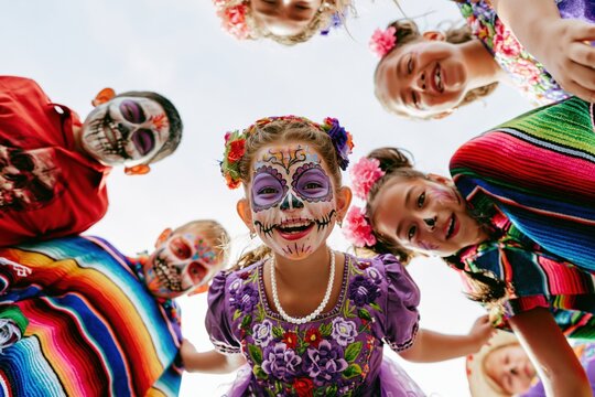 Portrait of children with sugar skull face paint during day of the dead celebration. Smiling Children in Colorful Sugar Skull Makeup Celebrating Day of the Dead