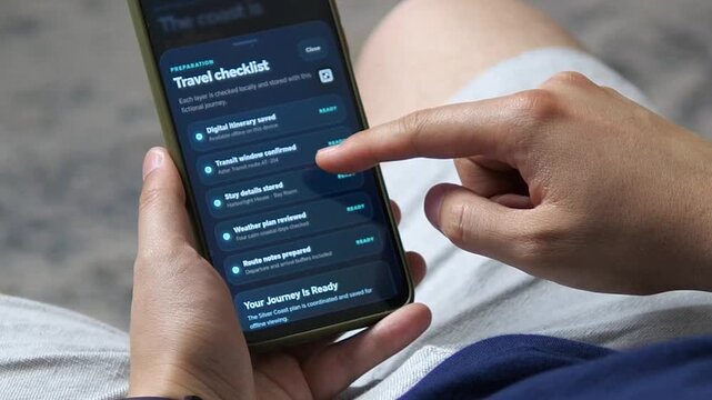 Traveler reviews a digital trip checklist on a smartphone, organizing itinerary, transit, lodging, weather and route details for a smooth, connected journey.