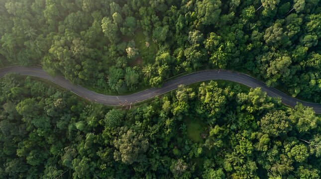 Aerial view of a winding asphalt road cutting through a dense green forest canopy with landscape environment transportation