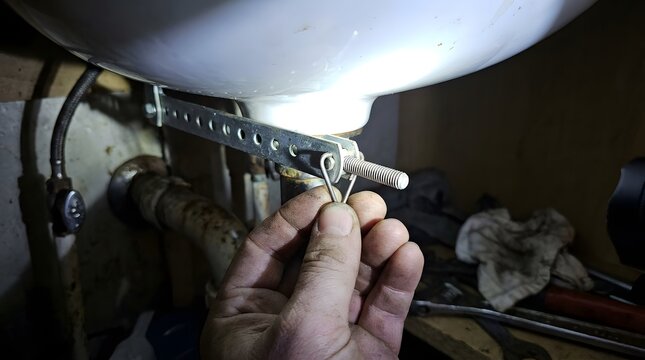 Hand adjusting the metal linkage of sink drain stopper assembly under a dark bathroom cabinet with flashlight.