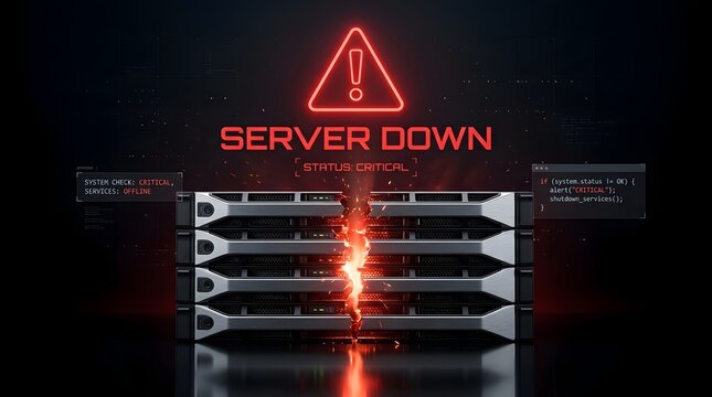 Cracked server hardware with "Server Down" alert and critical status