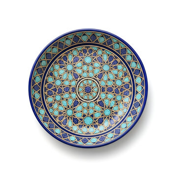 Decorative ceramic plate with blue and green geometric middle eastern pattern design