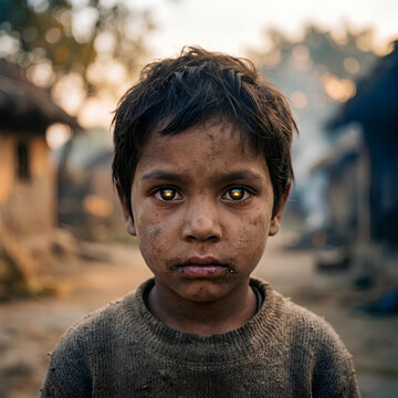 Young child dirty face sad eyes poverty rural village humanitarian concept