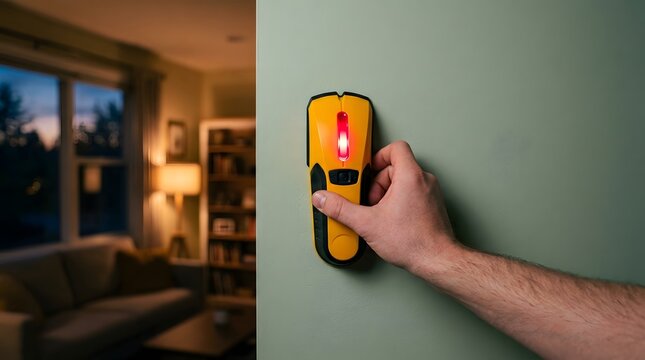 Close up of a hand using a yellow electronic stud finder on a green wall in a cozy living room at dusk evening