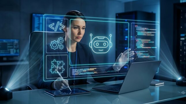 Professional female software engineer interacting with futuristic artificial intelligence holographic user interface in a modern tech server room