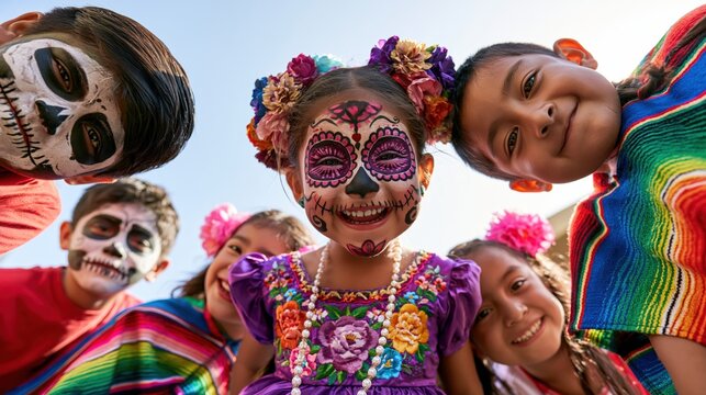 Portrait of children with sugar skull face paint during day of the dead celebration. Smiling Children in Colorful Sugar Skull Makeup Celebrating Day of the Dead