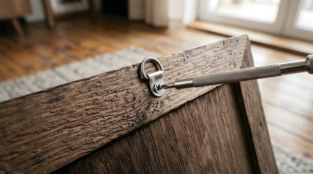 Detailed shot of a screwdriver fastening a D-ring to a weathered wood frame with soft natural indoor lighting.