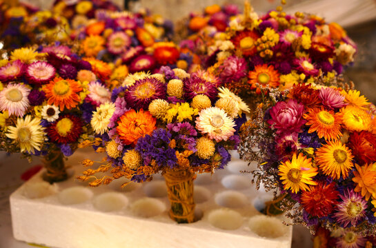 Vibrant dried strawflower bouquets wrapped in twine standing in a white display holder.