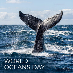 Naklejka premium Majestic Whale Tail Fluke Diving into Ocean Water Splash and Waves World Oceans Day Concept