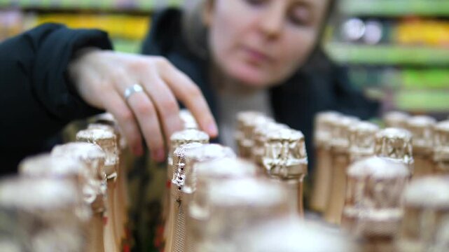 Focused young woman carefully selecting a bottle of sparkling wine from a store shelf, examining the foiled corks before making her purchase for a celebration or special occasion