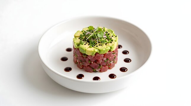 Avocado and raw tuna tartare cylinder plated with balsamic reduction dots raw fish fine dining avocado tower restaurant food raw meat