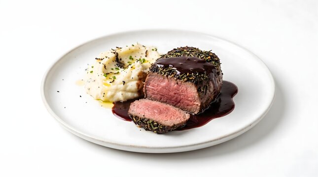 Pepper crusted beef tenderloin steak sliced with red wine reduction and mashed potatoes fine dining restaurant food plated meal hot meal