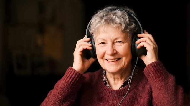 Smiling elderly woman wearing headphones and warm knitted sweater listening to music with headphones user older woman senior citizen
