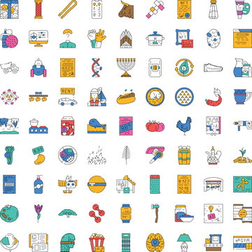 Large collection of diverse linear flat color icons, illustrating various business, technology, nature, social, and everyday objects, representing a wide range of concepts