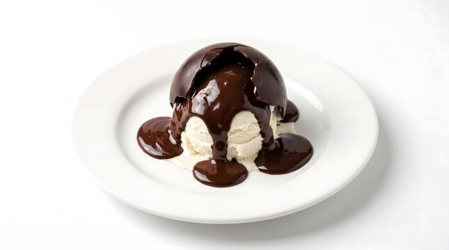 Chocolate sphere melting over vanilla ice cream scoop on a white plate with warm chocolate sauce sweet treat chocolate bomb gourmet desse