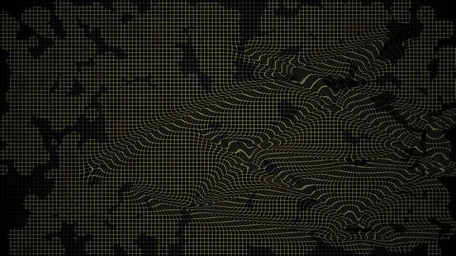 Glowing yellow grid lines move across a dark background, creating a futuristic abstract cinematic visual effect
