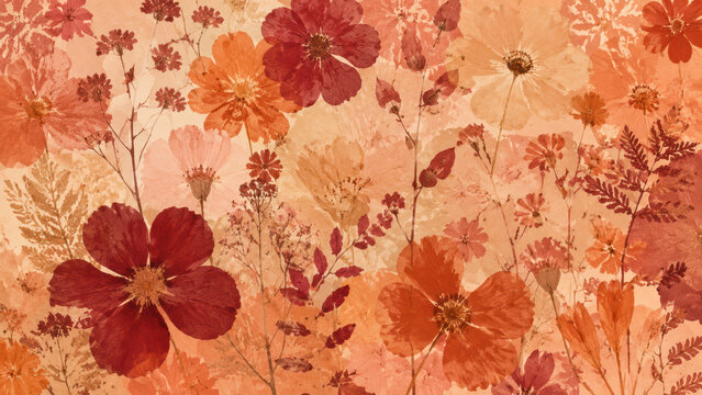 Watercolor wildflower pattern in warm terracotta tones