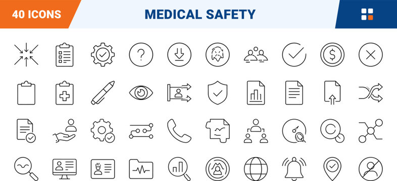 Pressure ulcer prevention audit line icon set. Vector pictograms of medical care, patient safety, clinical assessment, and wound risk elements, thin linear illustration.