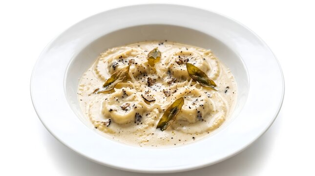 Creamy ravioli pasta dish served in a white bowl garnished with herbs creamy sauce italian food dinner plate food photography delicious