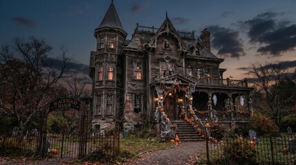 Obraz premium Haunted Victorian mansion glowing at night for Halloween promotions, horror book covers and spooky seasonal storytelling.