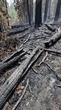 Forest trail covered with ash and fallen burnt tree trunks after a severe wildfire disaster forest fire burnt trees charred wood