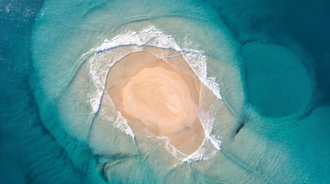 Aerial view of turquoise ocean water surrounding a circular sandbar forming a natural lagoon with tropical turquoise environment