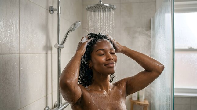 Young woman washing her curly hair under a modern shower head in a bathroom with taking shower woman showering bathroom interior bathroom