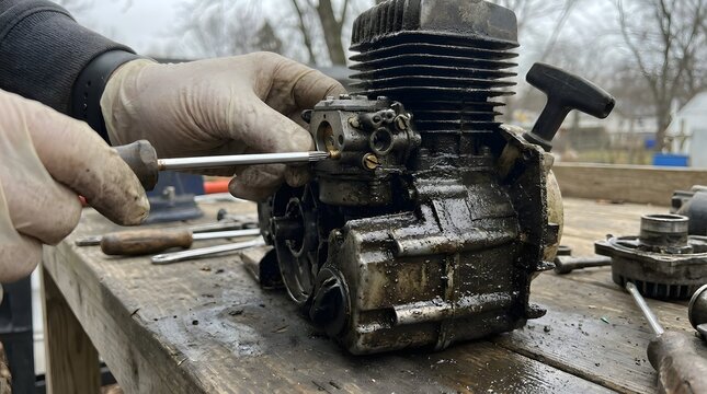 A mechanic repairs a small dirty engine with a screwdriver on a wooden workbench outdoors during a cloudy day.