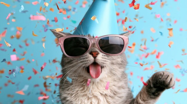Cute gray cat wearing pink sunglasses blue party hat celebrating with colorful confetti falling against blue background fun festive mood