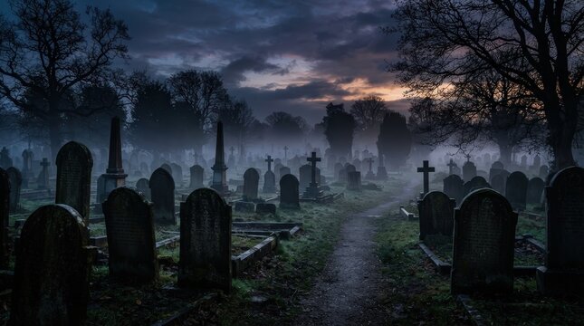 Foggy cemetery with old gravestones at night for Halloween horror backgrounds, haunted attraction marketing and ghost stories.