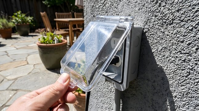 Hand opening clear plastic weatherproof electrical outlet cover on grey stucco wall in sunny patio with plants
