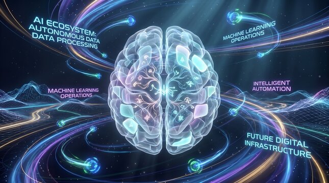 Glowing Artificial Intelligence Brain Symbolizing Machine Learning Operations and Autonomous Data